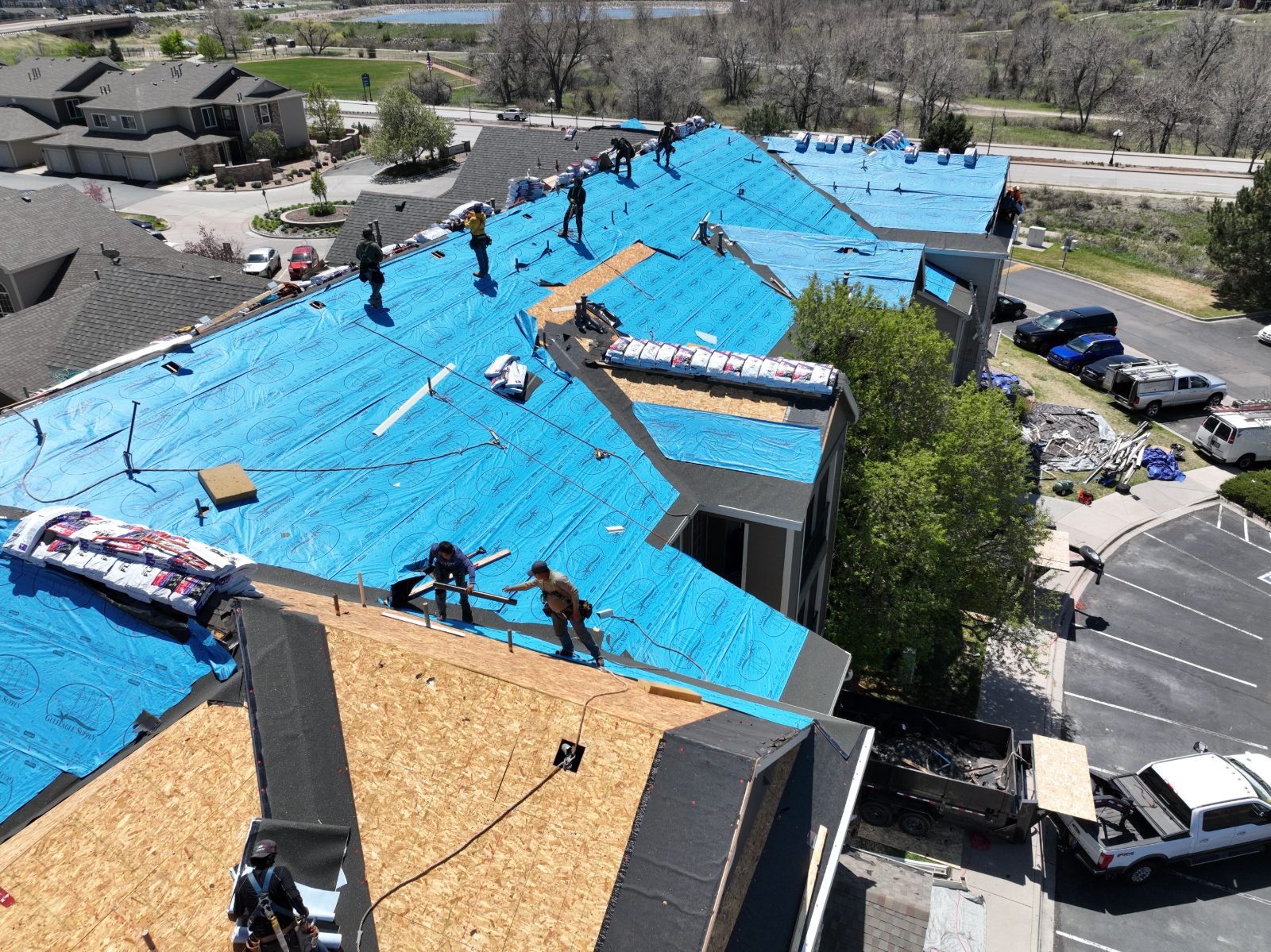 Aerial view of a multifamily re-roof in progress